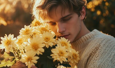 Wall Mural - Closeup portrait of a man with sandy blonde hair, holding yellow chrysanthemums