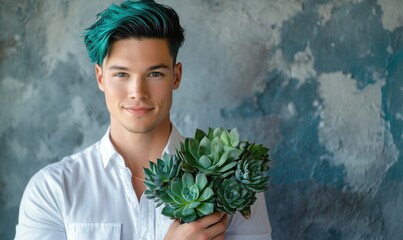 Wall Mural - Closeup portrait of a man with teal-colored hair, holding teal-green succulents