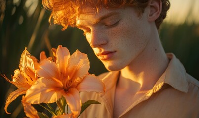 Wall Mural - Closeup portrait of a man with soft orange hair, holding orange lilies