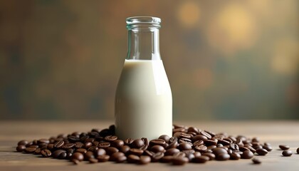 Wall Mural -  A frothy latte in a bottle surrounded by coffee beans