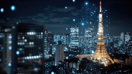 Poster - The vibrant skyline features illuminated buildings and GPS markers, showcasing advanced location technology in an urban setting