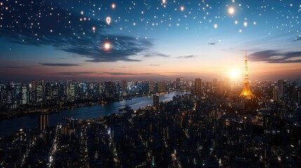 Poster - The vibrant skyline features illuminated buildings and GPS markers, showcasing advanced location technology in an urban setting
