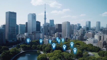 Poster - The vibrant skyline features illuminated buildings and GPS markers, showcasing advanced location technology in an urban setting