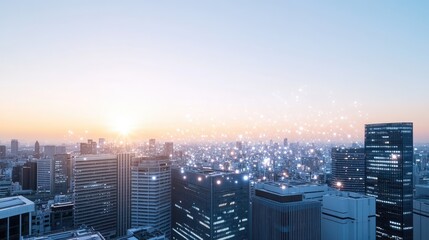 Poster - The vibrant skyline features illuminated buildings and GPS markers, showcasing advanced location technology in an urban setting