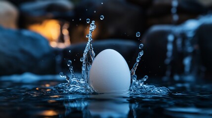 A white egg splashes into a river, creating a large spray of water.