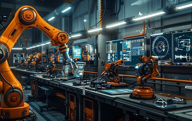 Aufkleber - A high-tech robotics workspace featuring multiple robotic arms and sophisticated control monitors, showcasing advanced automation technology.