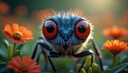 Poster -  Closeup of a vibrant bee with striking red eyes perched on a flower