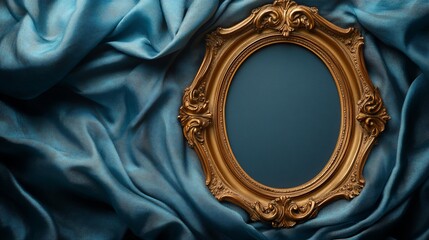 Oval ornate gold frame on blue fabric background.