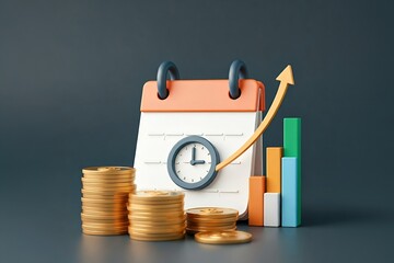 A 3D illustration of time management and financial growth with coins, a clock, a calendar, and a rising graph.