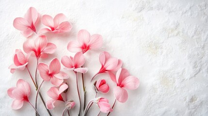 Aufkleber - A cluster of light pink flowers with thin stems are laid out on a white textured surface. The flowers are arranged to form a crescent shape, with a few blooms overlapping each other.