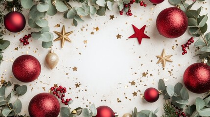 Aufkleber - A festive display featuring red and gold ornaments surrounded by eucalyptus leaves and decorative stars, perfect for celebrating the holiday season. The setting is bright and cheerful.