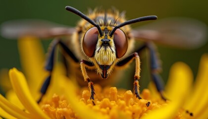 Wall Mural -  Bees closeup portrait with vibrant yellow flower