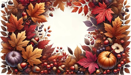 Bright, highly artistic photorealistic autumn leaves in warm colors, with detailed acorns and berries framing a spacious white background, creating an elegant and inviting seasonal frame with a wide, 