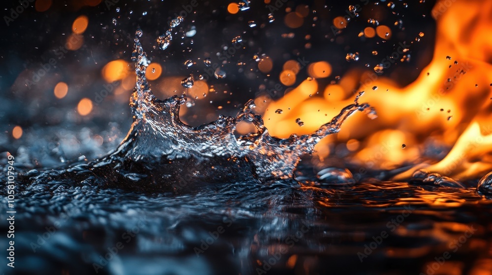 Abstract Water Splash with Fire and Bokeh Lights Background. Stock ...