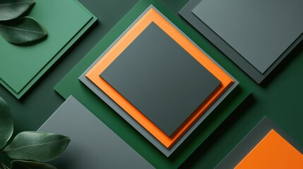 Poster - A sleek official book cover design in green, grey, and orange, featuring geometric shapes and frames for inserting photos, with a modern and professional look.