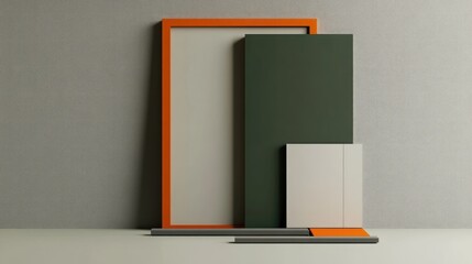 Poster - Book cover with a minimalist design, blending green, grey, and orange geometric shapes, and photo frames for a visually dynamic and structured layout.