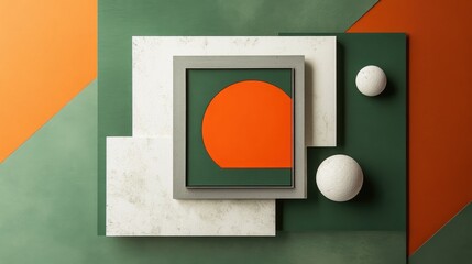 Poster - Book cover with a minimalist design, blending green, grey, and orange geometric shapes, and photo frames for a visually dynamic and structured layout.