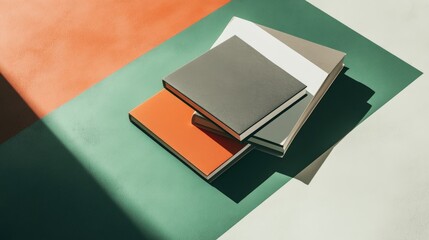 Poster - Modern book cover design with geometric shapes in green, grey, and orange, highlighted by photo frames, creating a clean and organized visual presentation.