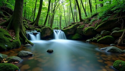 Wall Mural -  Enchanted Forest Waterfall  A Haven of Natures Beauty