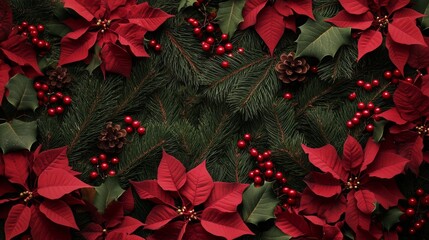 Aufkleber - A close-up image of various Christmas decorations including red poinsettia flowers, green pine branches, holly leaves, and red berries, all arranged together on a flat surface.