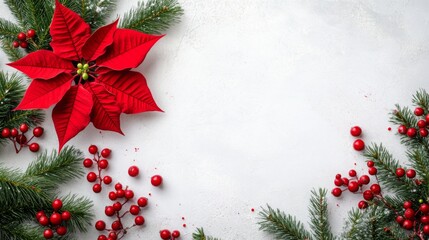 Aufkleber - A bright red poinsettia blooms among green branches and clusters of red berries, creating a warm, inviting winter scene perfect for the holiday season.