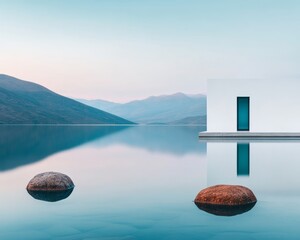 Minimalist white building with a blue door on a calm lake with mountains in the background.