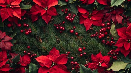 Aufkleber - A vibrant display of red poinsettias intertwined with green holly leaves and clusters of red berries creates a festive atmosphere, perfect for celebrating the holiday season and winter festivities.