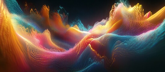 Abstract digital art of colorful, glowing, and shimmering wavy lines with dark background.