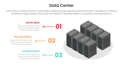 Poster - server technology infographic template banner with isometric data center illustration with half circle base information list with 3 point list for slide presentation
