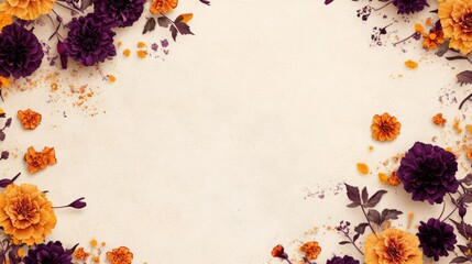 Poster - A vibrant floral design features an array of purple and orange flowers gracefully arranged against a soft, textured background, creating an inviting and warm atmosphere perfect for celebrations.