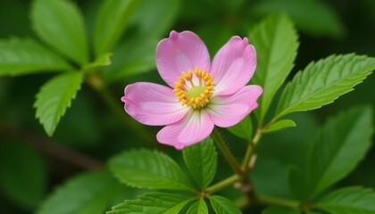 Wall Mural -  Pretty in Pink  A delicate flower blooms amidst the lush greenery