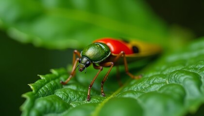 Wall Mural -  Vibrant bug on verdant leaf a natures artistry