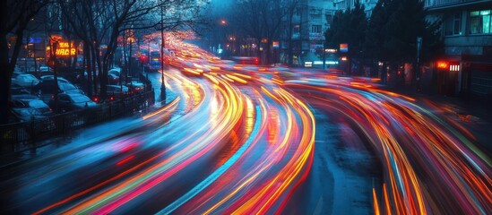 Wall Mural - A long exposure shot of a busy city street at night, showing colorful streaks of light from cars as they drive through the intersection.