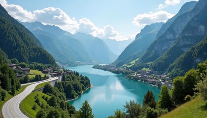 Sticker -  Scenic mountain lake with winding road and lush greenery