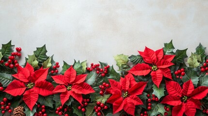 Poster - A beautiful arrangement features bright red poinsettias intertwined with deep green leaves and rich berries, perfect for adding a festive touch to winter celebrations in a warm indoor atmosphere.