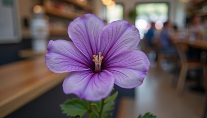 Wall Mural -  A single purple flower blooms in the foreground with a blurred background of a cozy cafe setting