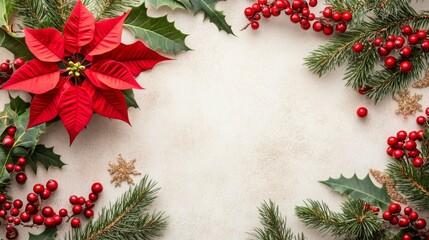 Aufkleber - A beautiful holiday composition showcases a bright red poinsettia surrounded by green holly leaves and clusters of red berries, creating a festive atmosphere perfect for seasonal celebrations.