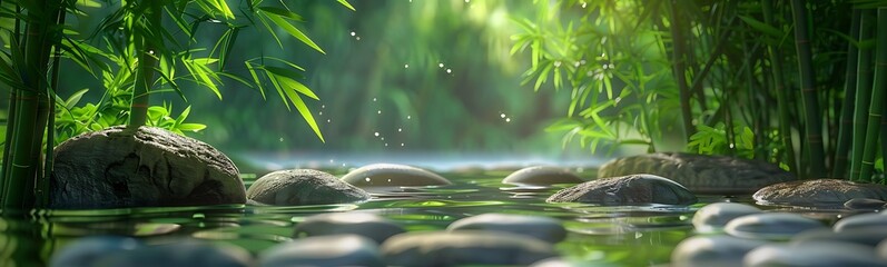 Poster - A serene natural landscape featuring clear water, smooth stones, and lush green bamboo, illuminated by soft sunlight.