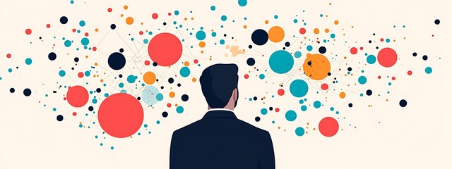 Poster - A businessman stands in contemplation, facing a colorful abstract background filled with circles and connections, symbolizing creativity and innovation in the business world.