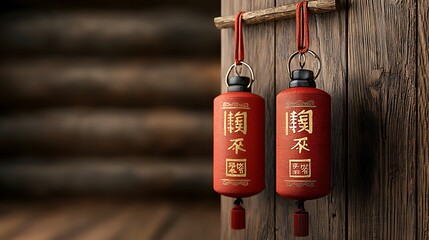 Two traditional red lanterns hang against a wooden wall, embodying Chinese culture and craftsmanship, perfect for festive and decorative themes.