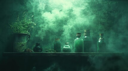 Mystical halloween wallpaper featuring a witch's potion shelf with spooky green smoke and enchanted bottles