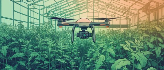 Poster - Doodle-style drone efficiently watering plants in a lush greenhouse environment