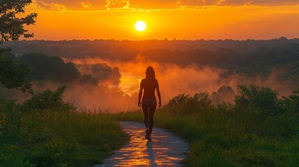 Poster - Woman Jogging Along Scenic Riverside Trail at Sunset
