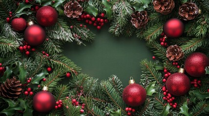 Aufkleber - A wreath made from green pine branches and red berries is decorated with red ornaments and pine cones.