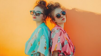 Two women with messy buns wearing sunglasses and floral shirts against an orange wall