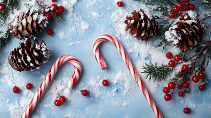 Aufkleber - Two red and white striped candy canes rest among pinecones and red berries on a snowy blue surface, creating a cheerful winter decoration perfect for holiday celebrations.