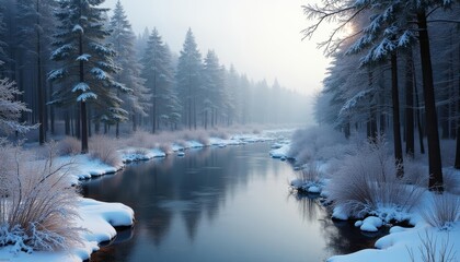 Poster -  Snowy serenity  A winter wonderland by the river