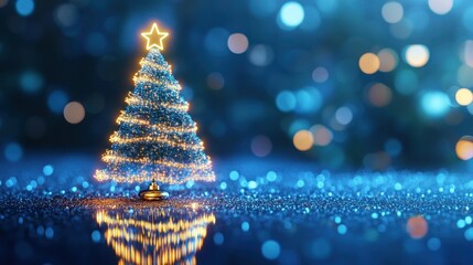 Glowing pixel Christmas tree in tech style with blue background AI generated image