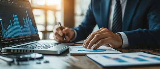 Poster - Financial advisor analyzing stock market trends and data on a laptop with graphs and charts for strategic investments