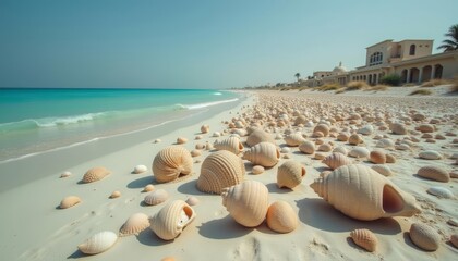 Wall Mural -  Tranquil beach scene with seashells and clear blue sky